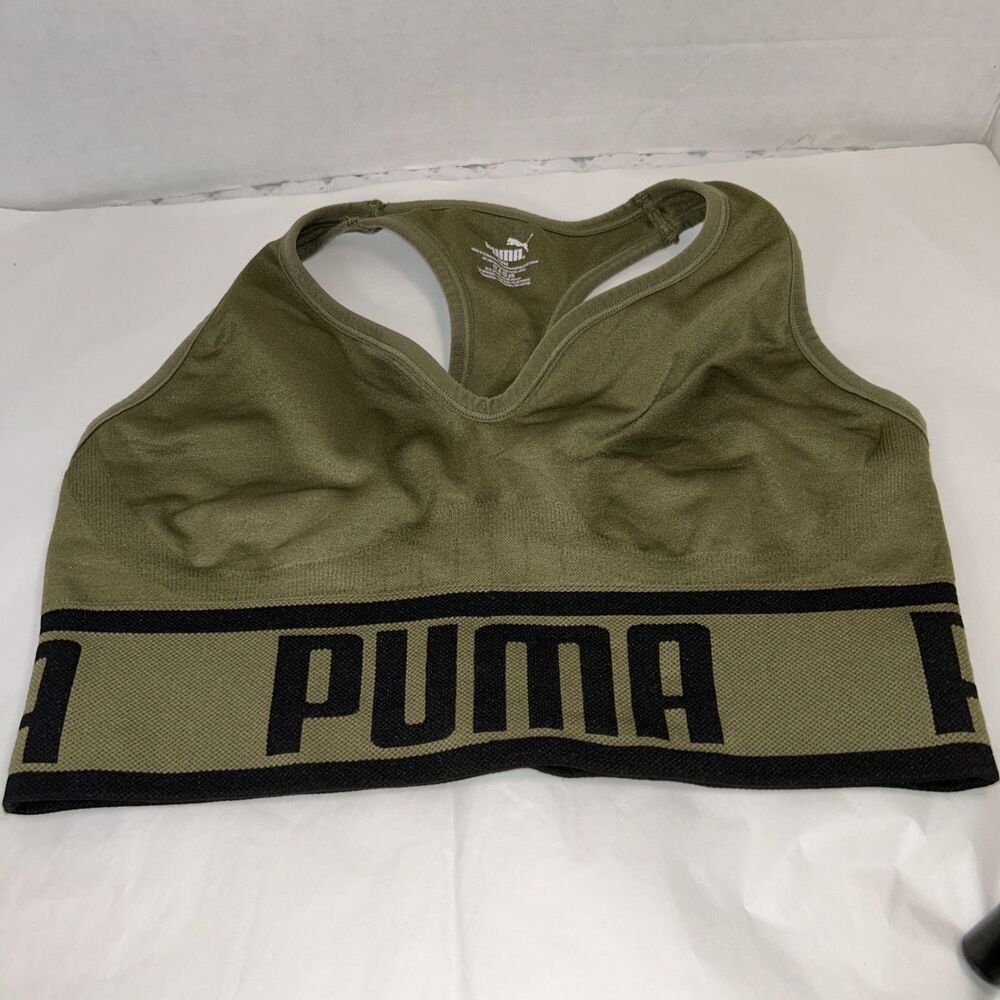 Puma Sports Bra Womens Green NO Padding Racerback Spell Out Activewear Size M